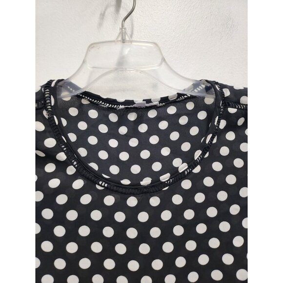 DR2 Womens Blouse Small Black White Polka Dot Crochet Trim Popover Casual Top - Picture 3 of 9